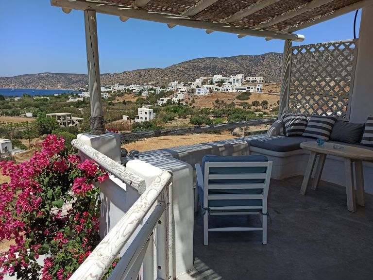 Outdoors there is a private terrace appointed with a built-in lounges and dinning area while the view of the Aegean Sea is breathtaking..